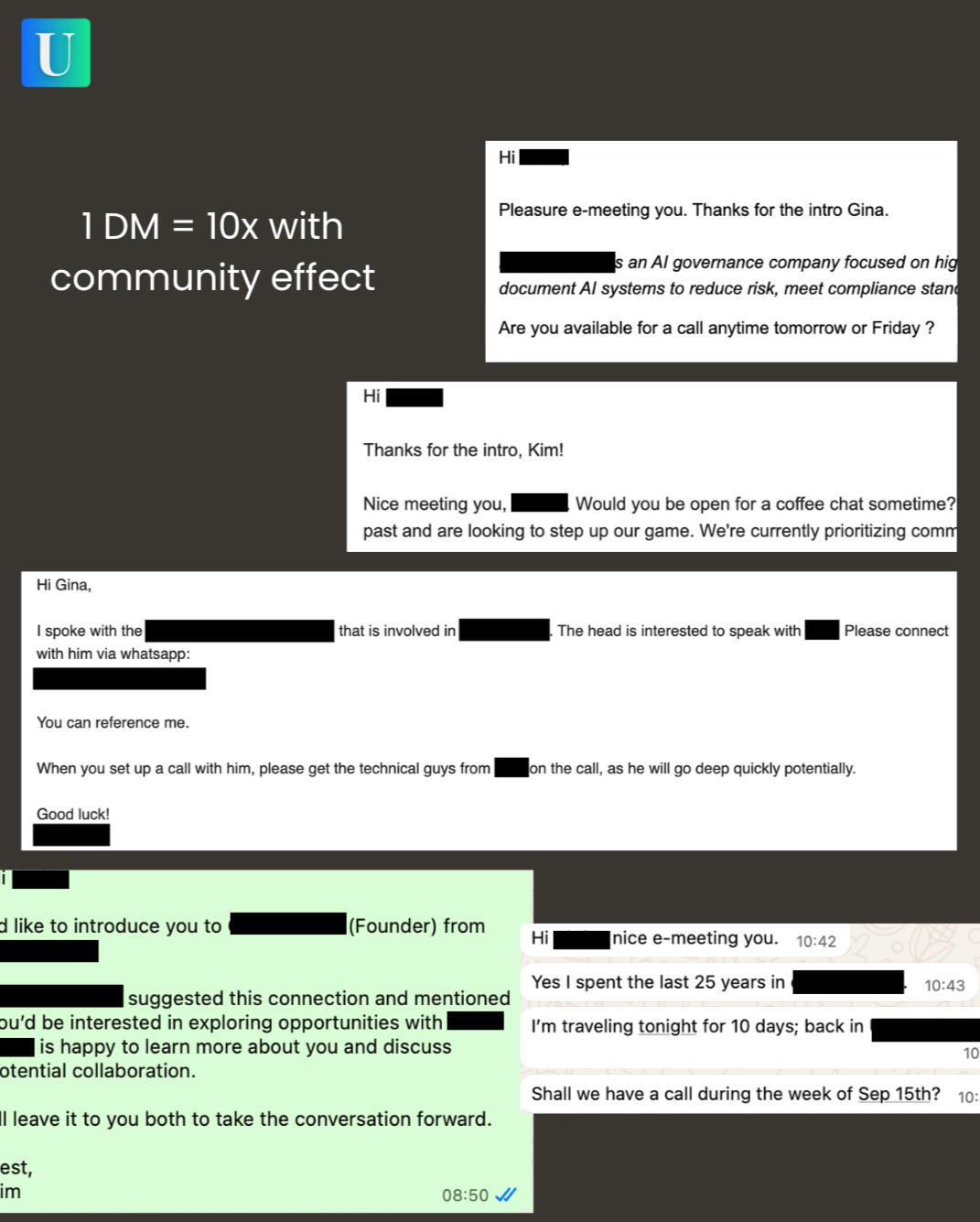 Screenshots of founders exchanging warm introductions, partnership leads, and US go-to-market contacts inside a private founder community